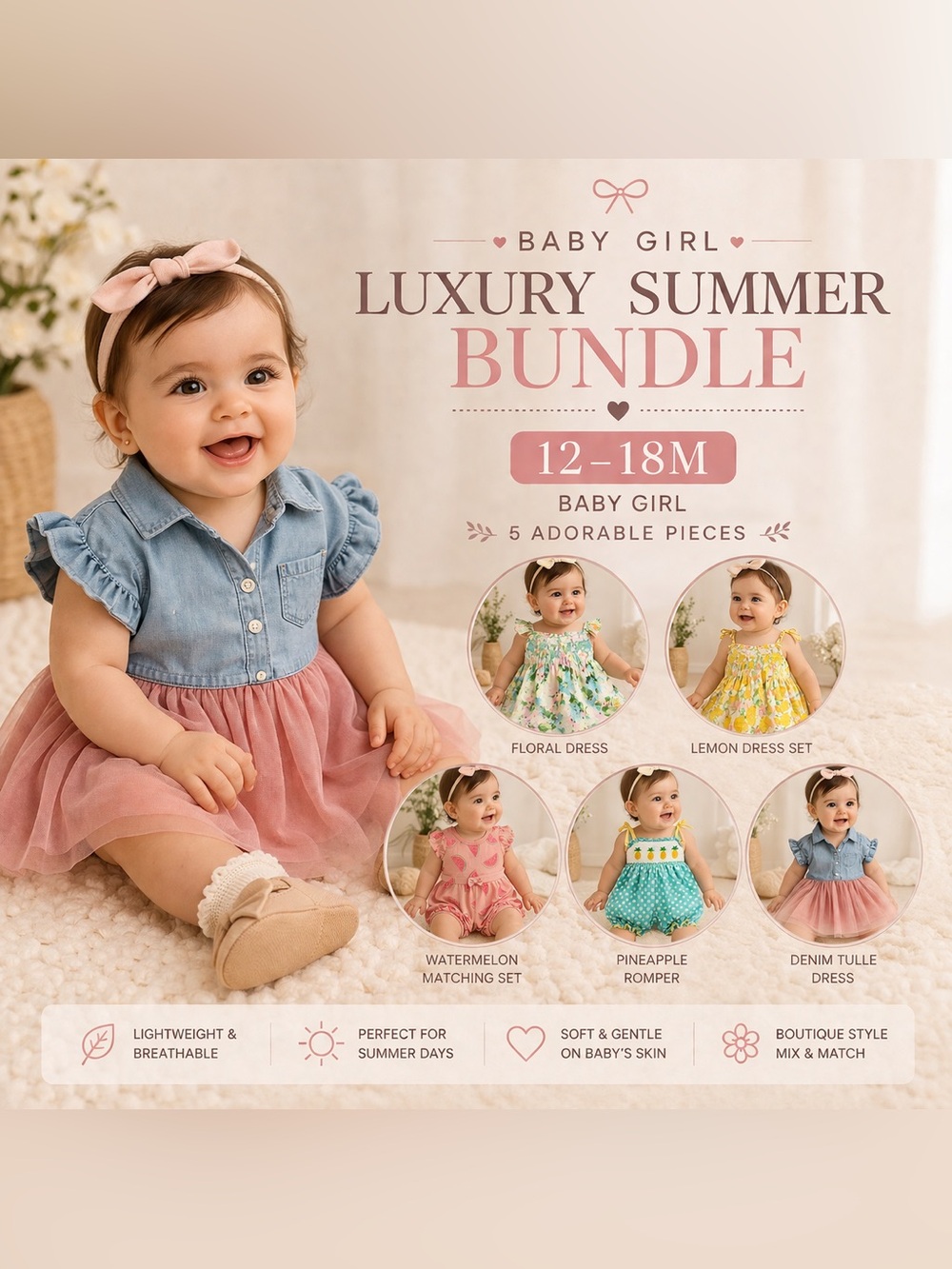 Baby Girl Luxury Summer Bundle 12–18M ✨ Boutique Dresses + Matching Sets